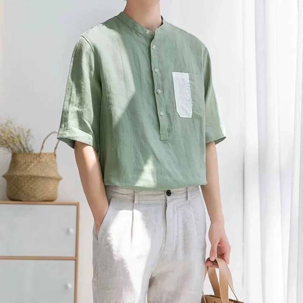 

Summer thin-layer short-sleeved half-button shirt for cool and stylish young men, simple and handsome, perfect for slim-figured