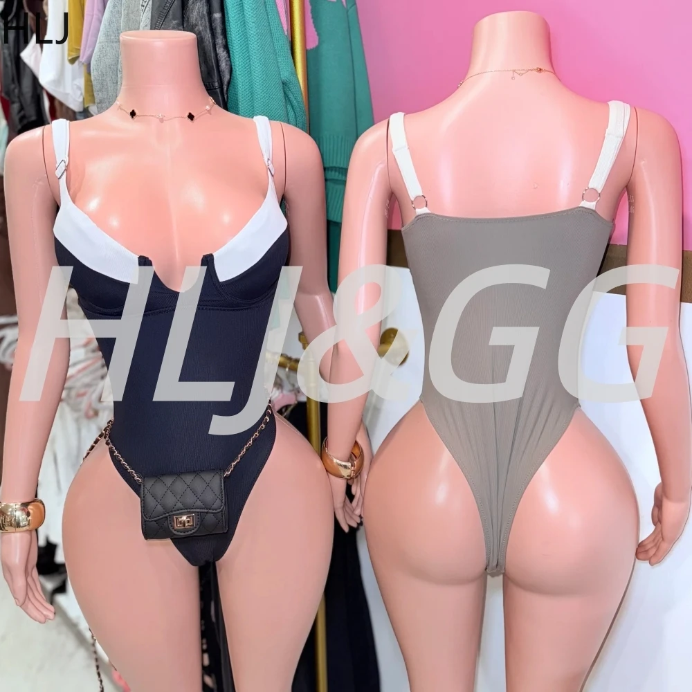 HLJ Sexy Solid Patchwork Bodycon One Piece Bodysuits Women Spaghetti Strap V Neck Sleeveless Backless Rompers Fashion Overalls