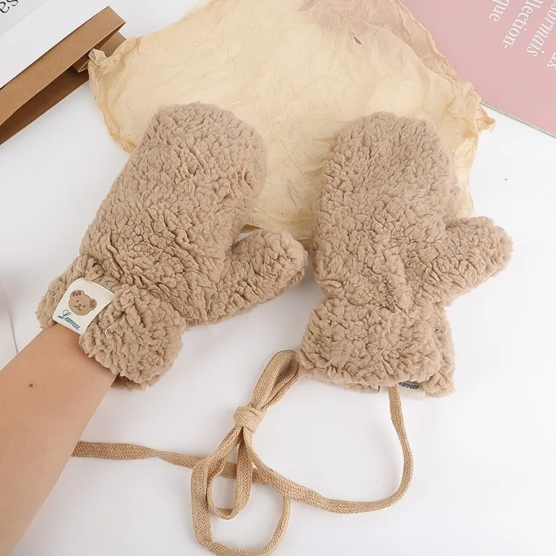 Women Winter Wool Fleece Cute Bear Label Gloves Girls Halter Neck Students Outdoor sport Riding Thickened Keep Warm Mittens