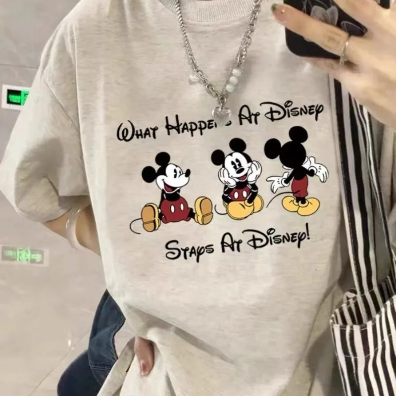 تي شيرت ديزني كارتوني لطيف محيطي مطبوع عليه ميكي بأكمام قصيرة للنساء والرجال للأزواج صيفي فضفاض متعدد الاستخدامات