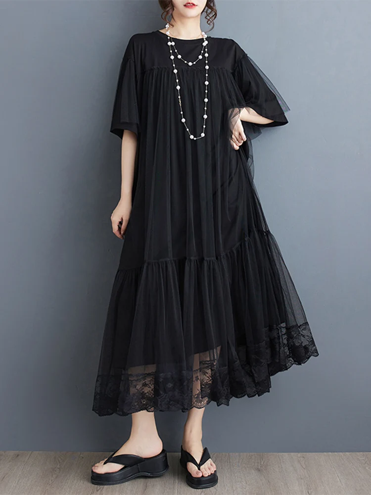 

2024 Summer New Black Vintage Mesh Patchwork Dresses For Women Short Sleeve Loose Casual Midi Dress Robe Fashion Elegant Clothes