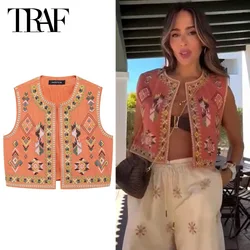 TRAF Top Women Embroidered Print Vest Tanks & Camis Summer Crop Sleeveless O-Neck Cardigan Vests For Women Casual Waistcoat 2024