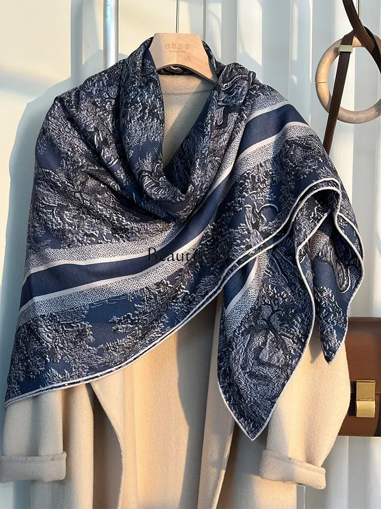 Double-sided silk wool scarf women's autumn and winter silk wool square scarf shawl