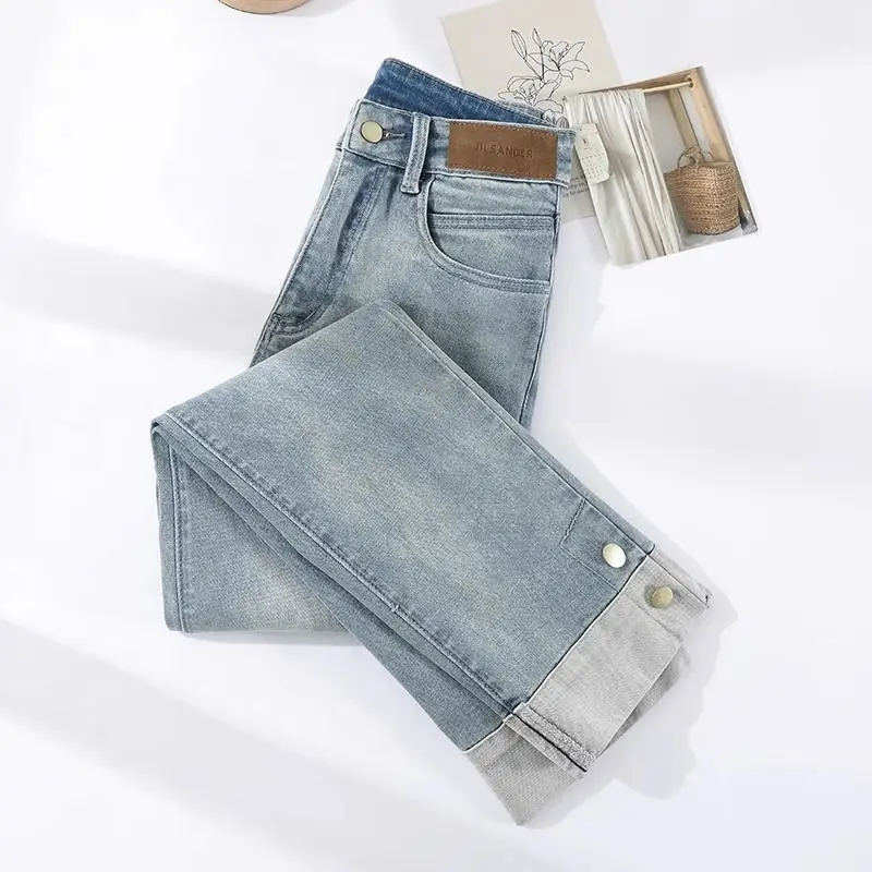 

Women Denim Pants 2025 New Spring Autumn Temperament High Waist Ladies Straight Hemmed Stretch Pipe Jeans Design Female Trousers
