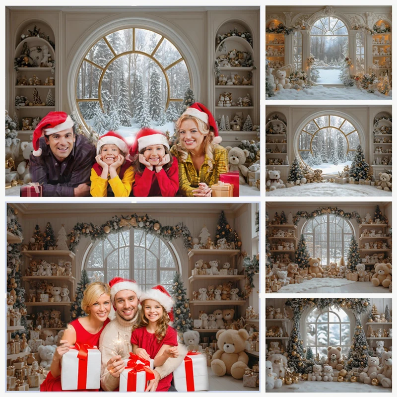 الأوروبي عيد الميلاد الدب الصغير الخلفيات للتصوير الفوتوغرافي نافذة مقوسة ثلجية شجرة عيد الميلاد هدية الأسرة ديكور حفلات صور الخلفيات