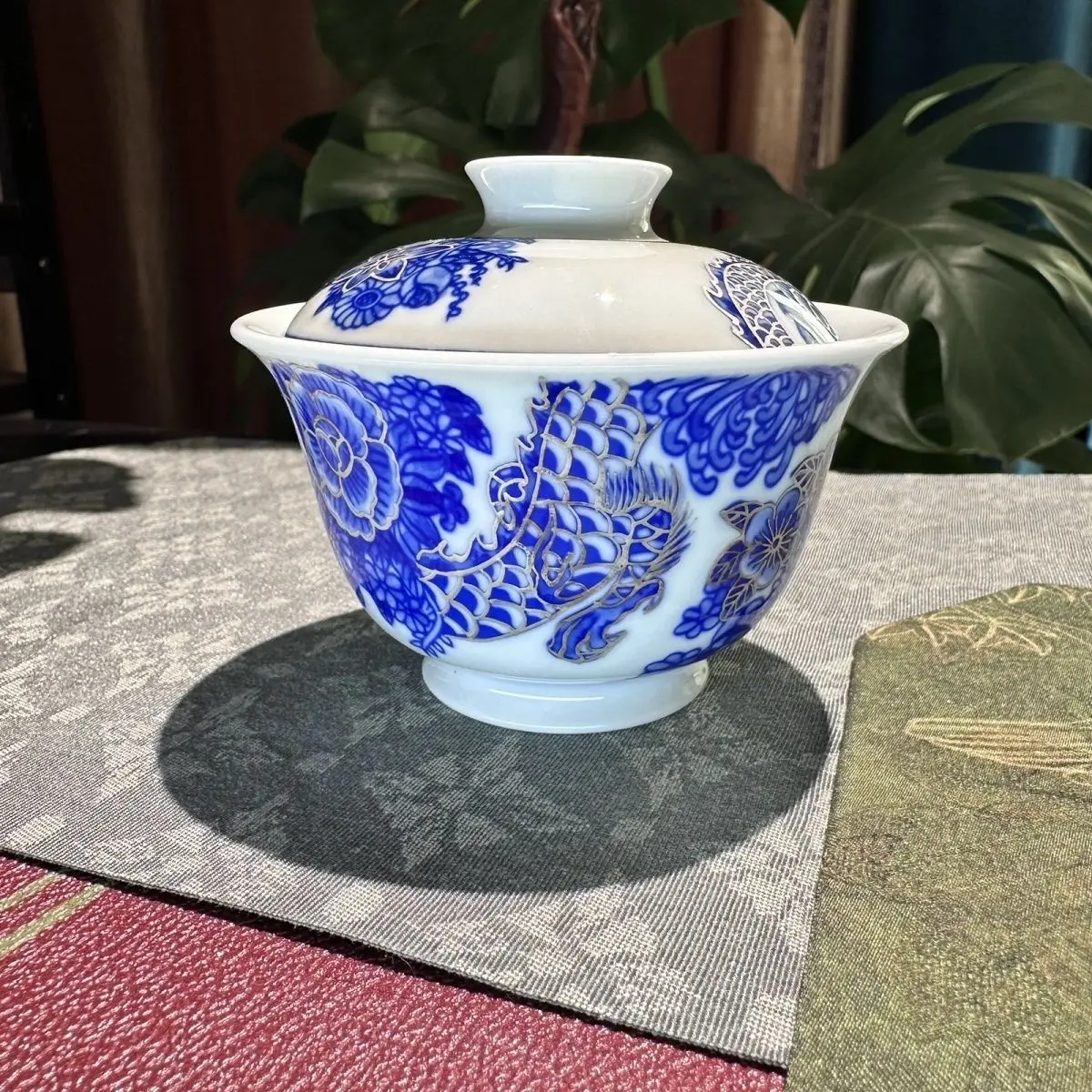 Hand-Painted Silver And Blue Dragon-Patterned Gaiwan Set Jingdezhen Ceramic Tea Bowl Handmade