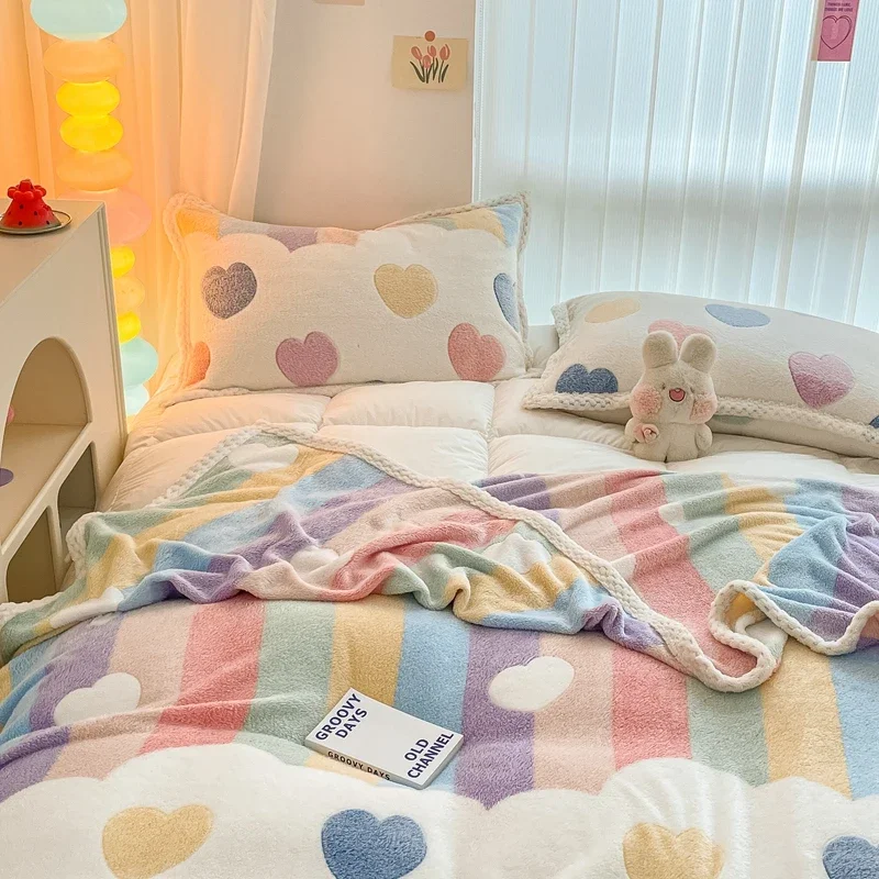 Rainbow Love Heart Pattern Blanket Cartoon Style Velvet Blanket Boys Girls Home Sofa Soft Comfortable Blanket Machine Washable