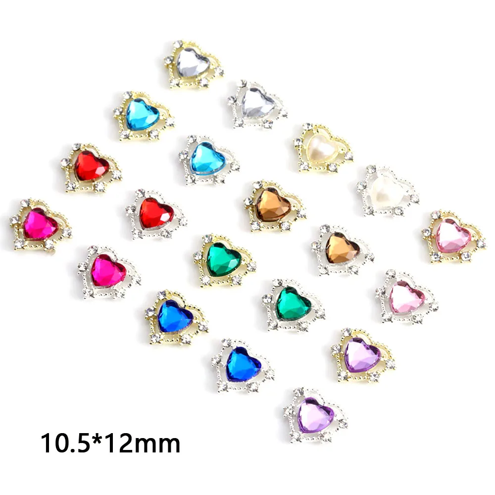10 SZT./Worek Metalowe Ozdoby do Paznokci w Kształcie Serca Diamentowe Złote/Srebrne Stop Luksusowe Perły Czerwone/Niebieskie/Różowe/Przezroczyste Dekoracje Cyrkonie Biżuteria