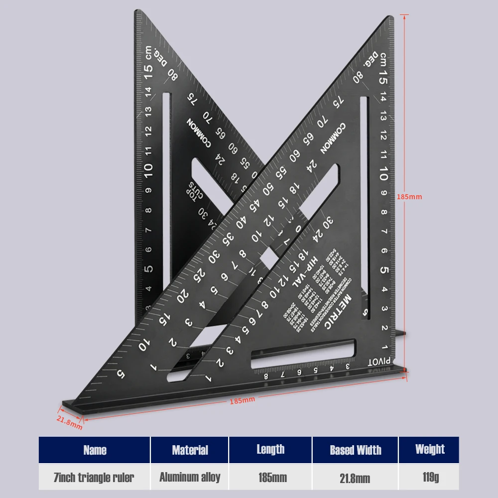 7inch Aluminum Alloy Square Ruler Woodworking Measuring Tools Angle Protractor Gauges Speed Metal Metric Gauging Measurement