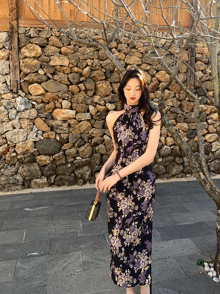 

Ele Long Svel Ne Hanging Qipao Dr New Chinese Sle for Women Floral Patterned Low Slit for Banquet