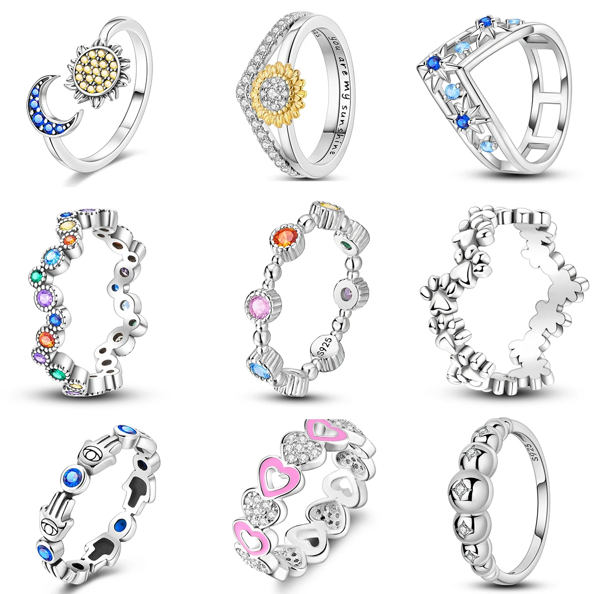 Authentic 925 Sterling Silver Fashion high-end Sun Moon stars colored  Sparkling Rings For Women Engagement Jewelry Anniversary