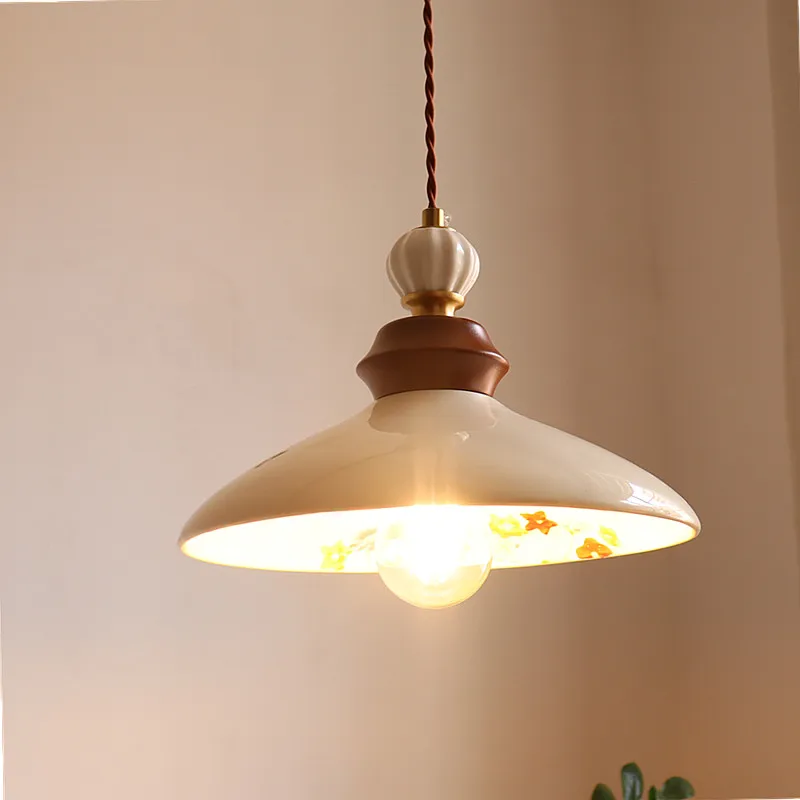 Vintage Hand Painted Ceramic Pendant Light E27 Retro Green Leaves Pattern Hanging Lamp Kitchen Island Dining Room Bedroom Lights