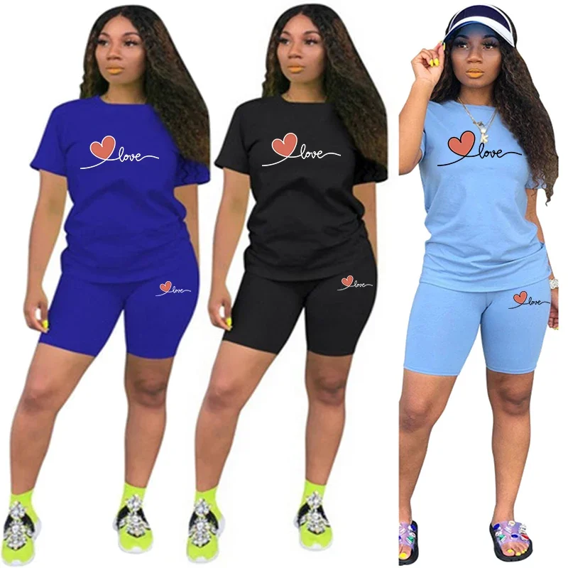 

Летняя женская одежда, повседневный комплект из двух предметов для женщин, спортивный костюм, повседневные шорты с короткими рукавами, футболки с круглым вырезом, одинаковые повседневные комплекты