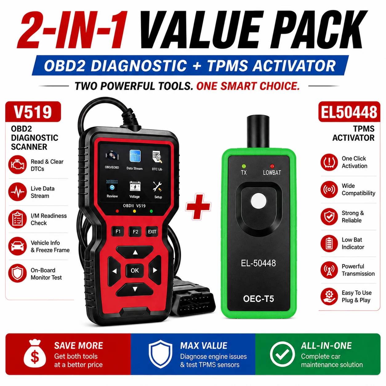 

V519 OBD2 Car Diagnostic Scanner with EL-50448 TPMS Relearn Tool Check Engine Code Reader Battery Test Tire Pressure Sensor Acti