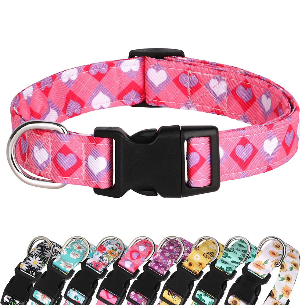 Nylon Print Dog Collar Adjustable Pet Collars Flower Print For Small Medium Large Dogs Chihuahua Pug Dog Accessories With D Ring