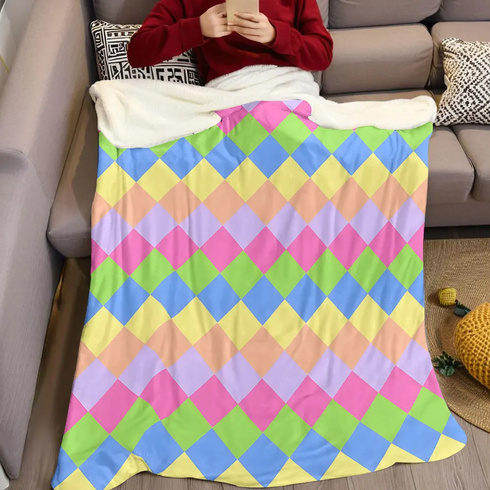 Pastel Diamond Check Flannel Blanket Warm Soft Halloween Christmas Decorative Couch Warm Cozy All-Season Gift