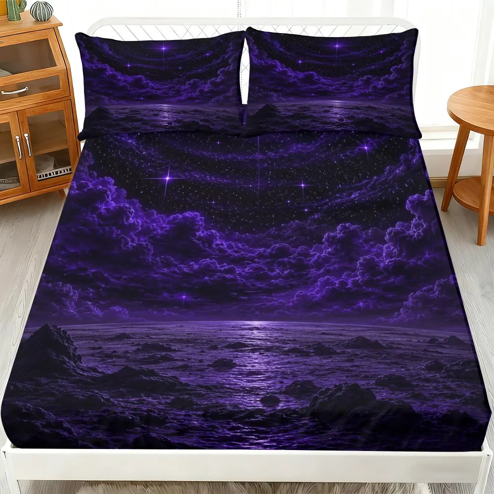 2D Flat Print Galaxy Starry Sky Bed Sheet Set, Three-Piece Space-Themed Art Bedding, Soft and Breathable Mattress Protector, Available in Various Sizes, Suitable as a Gift, Three-Piece Bedding Set (Including 1 Fitted Sheet + 2 Pillowcases), Large Capacity Deep Bed Bedding, Fitted Sheet Style, Elastic Cover, Mattress Protector, Fitted Sheet Type, Machine Washable Design, Holiday Decoration, Various Sizes, Breathable Protector Plus Pillowcase