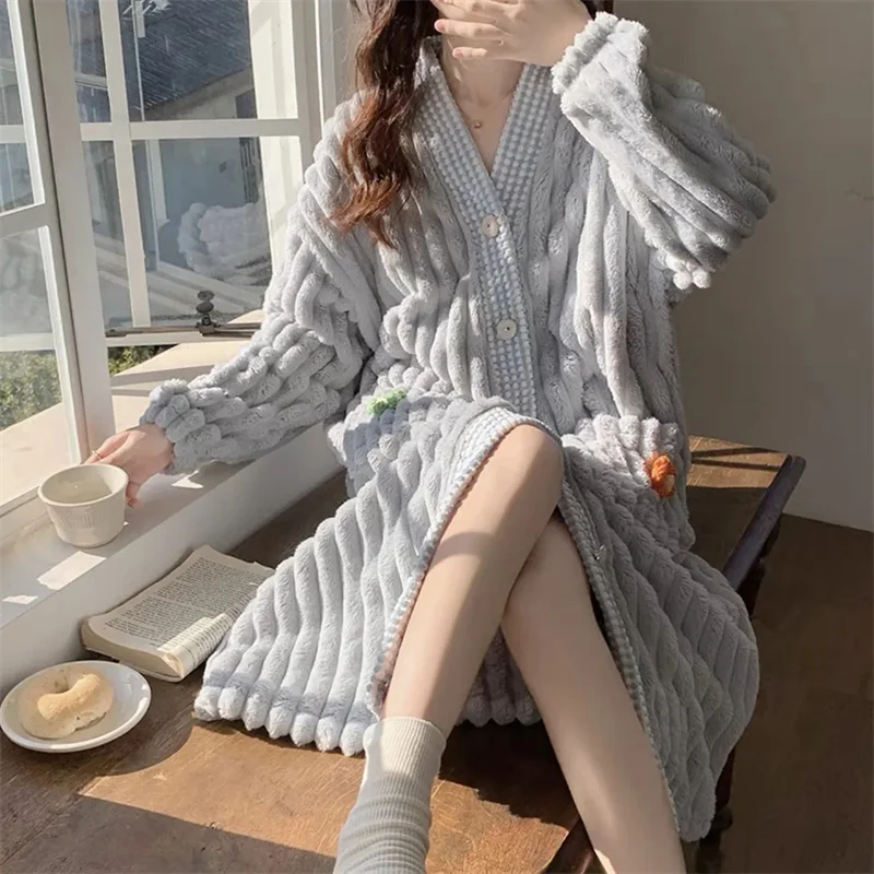 Women Coral Fleece Nightgown With A High-end Feel And Pure Desire For Style. Female Long Length Wth Sweet Thick Flannel Bathrobe