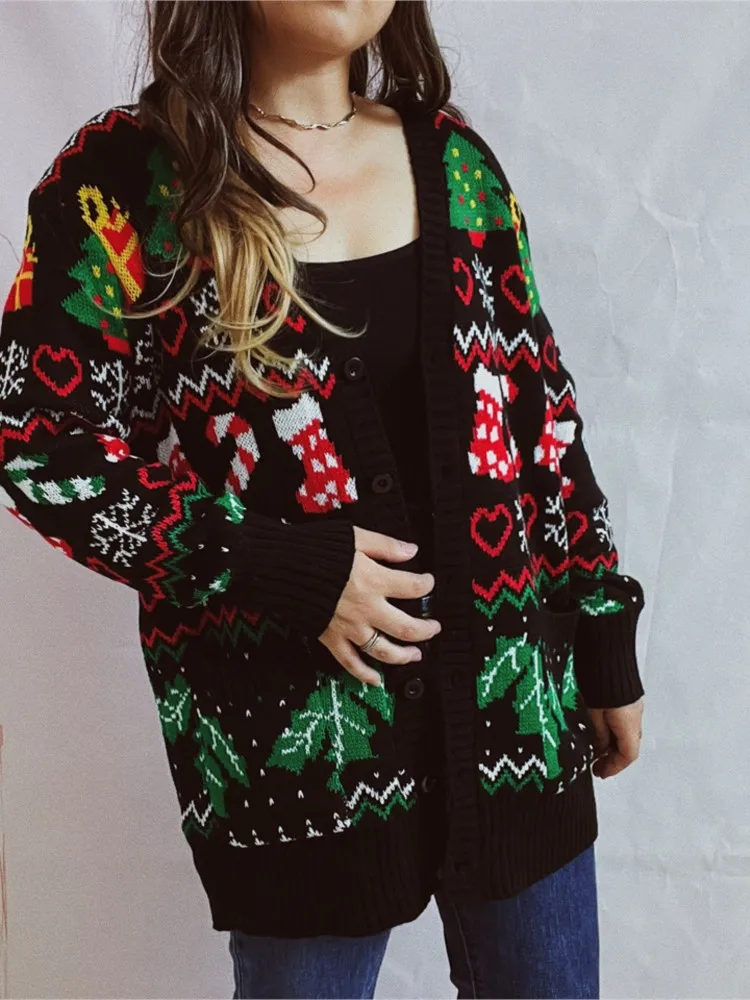 Осень-зима 2022, новый свитер с длинными рукавами, однобортный однобортный свитер с v-образным вырезом, рождественская тема, универсальный вязаный кардиган, женский свитер