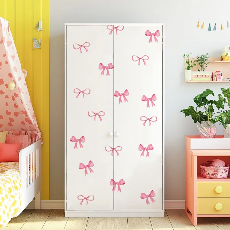 Creative Personality Pink Bow Wall Sticker, Wardrobe Sticker Girl Heart Bedroom Bowknot Wall Sticker PVC self-adhesive