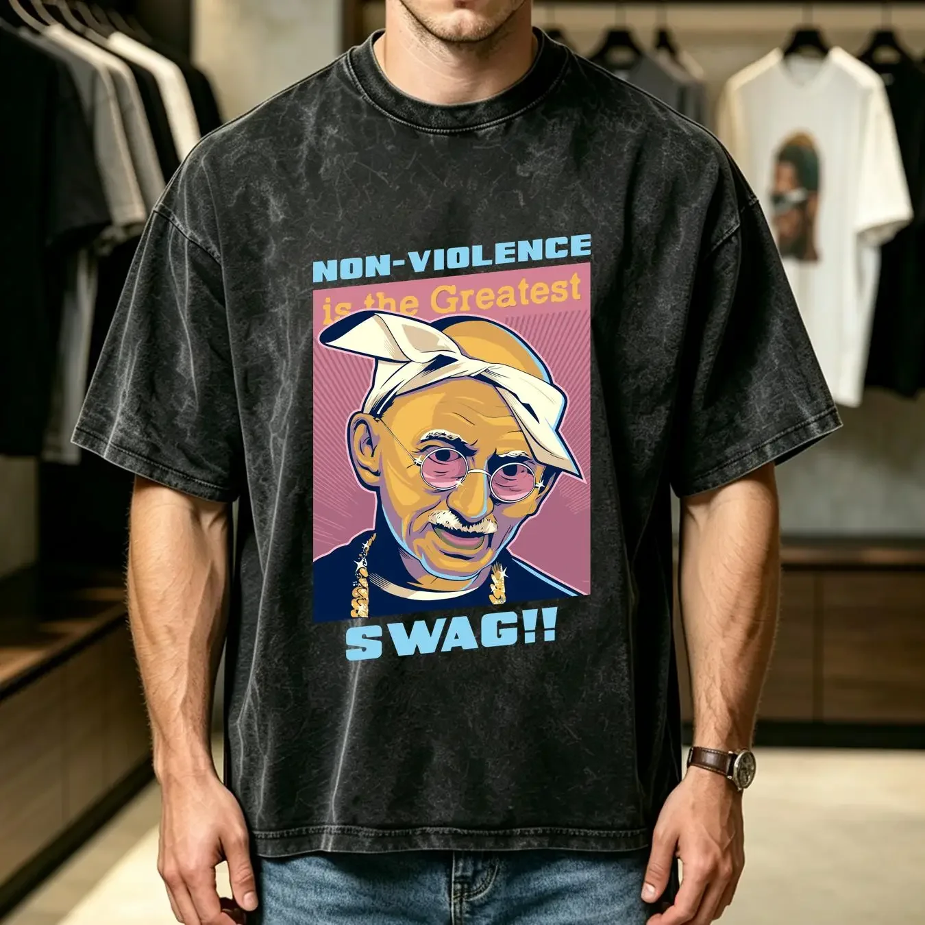 washed T Shirt Ghandi Parody Gangsta Rap Music Hip Hop Mens Cotton Top long or short sleeves vintage Washed Comfortable Soft