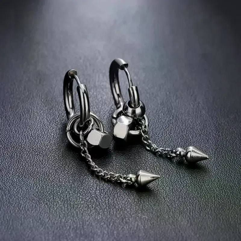 Punk Conical Long Chain Eardrop Titanium Steel Trendy Hoop Earring For Women Man Personalied Jewelry Gift