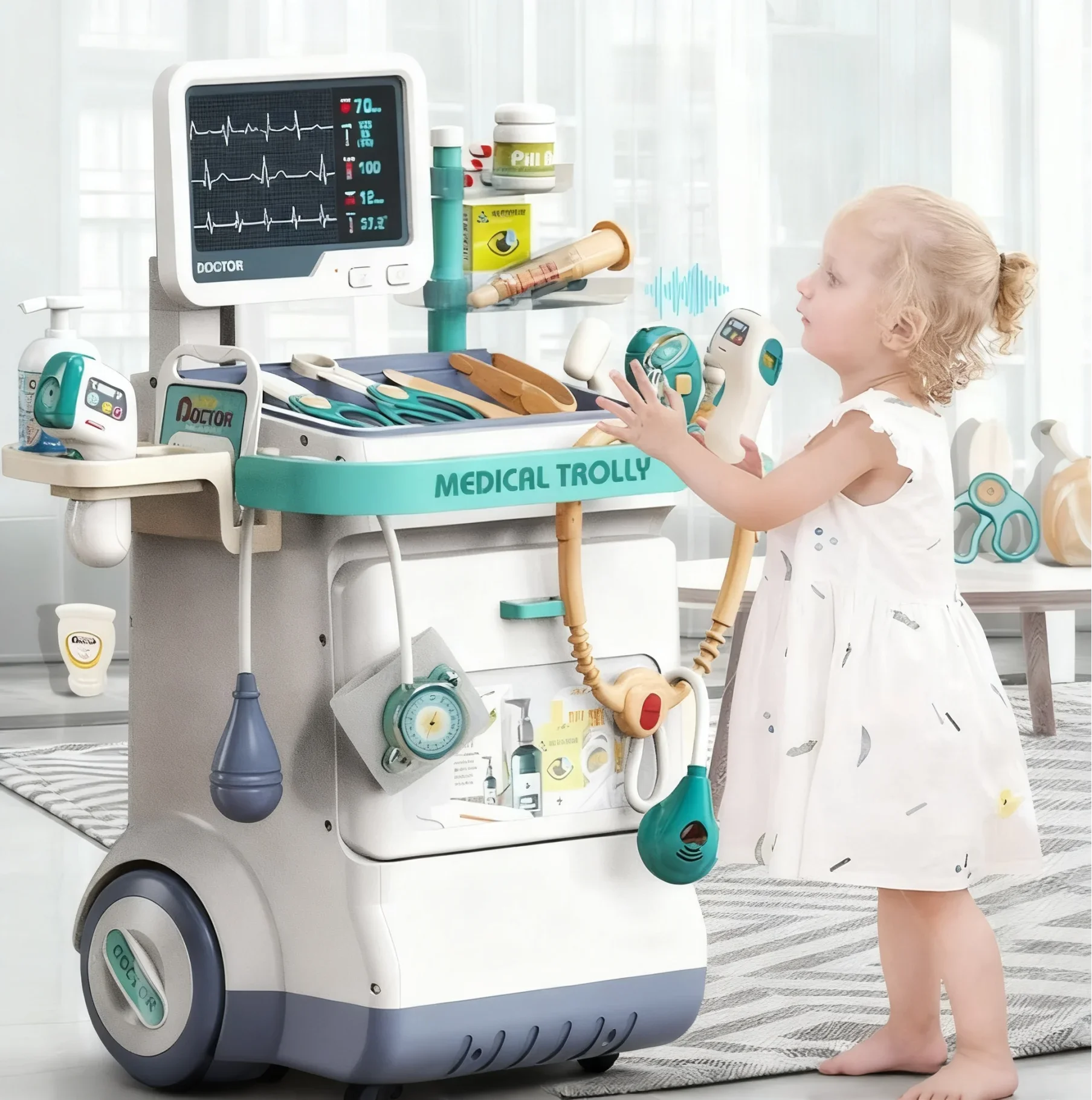 

Doctor Kit Set Mobile Medical Station Cart with Injection Stethoscope Hospital Tool Doctor Role Play Toy Kid Birthday Gift