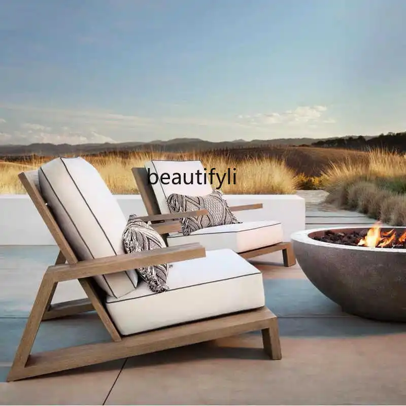 

Nordic Teak Sofa Outdoor Courtyard Villa Garden Open-Air Single Recliner Model Home Solid Wood Sofa