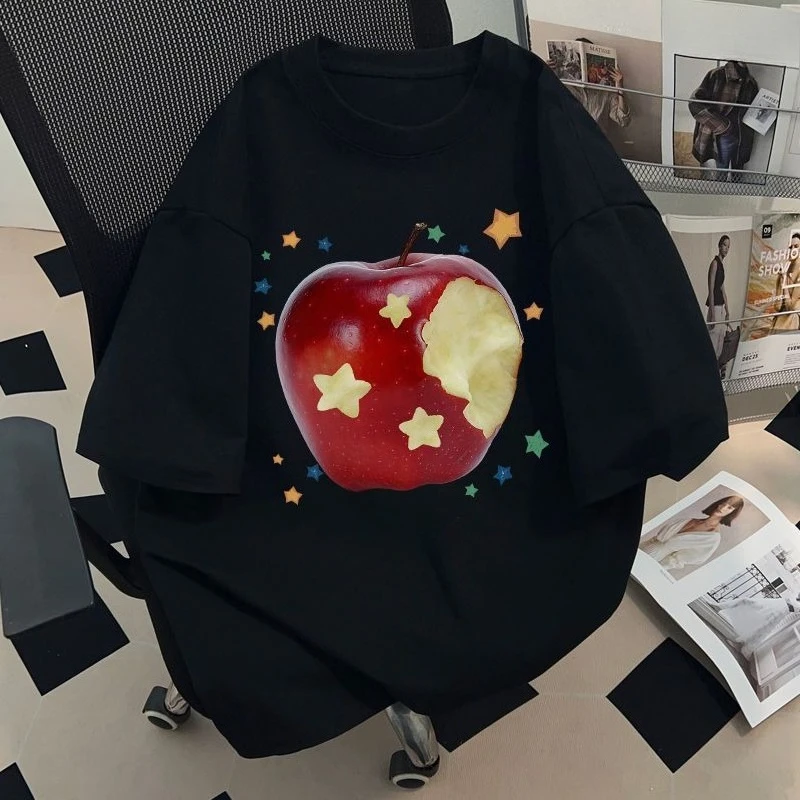 Women's Summer New Short-Sleeve Tops Red Apple and Star Printed Casual Female T-Shirt Top Women Vintage Breathable Clothes