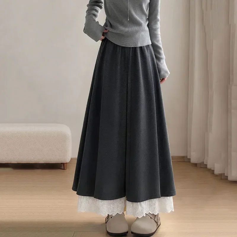 Women Streetwear Y2k Baggy Fashion Lace Patchwork Wide Leg Trousers  A-line Skirt Pants Vintage Elastic Waist Versatile Pants
