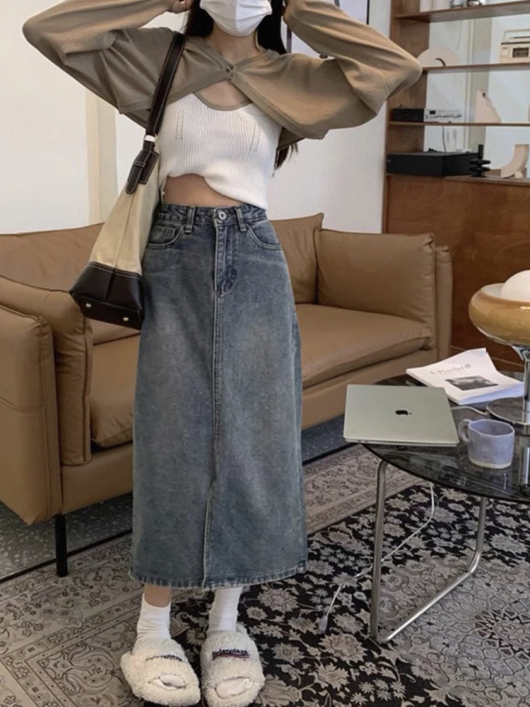 Retro Hong Kong Style Mid-Length A-Line Denim Skirt High Waist Slimming Women's Spring Summer New Chic Versatile Breathable