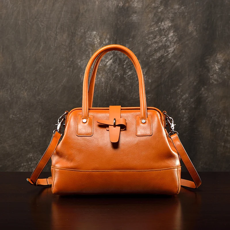 Retro doctor bag, genuine leather women's bag, top layer cowhide handbag, casual crossbody women's bag