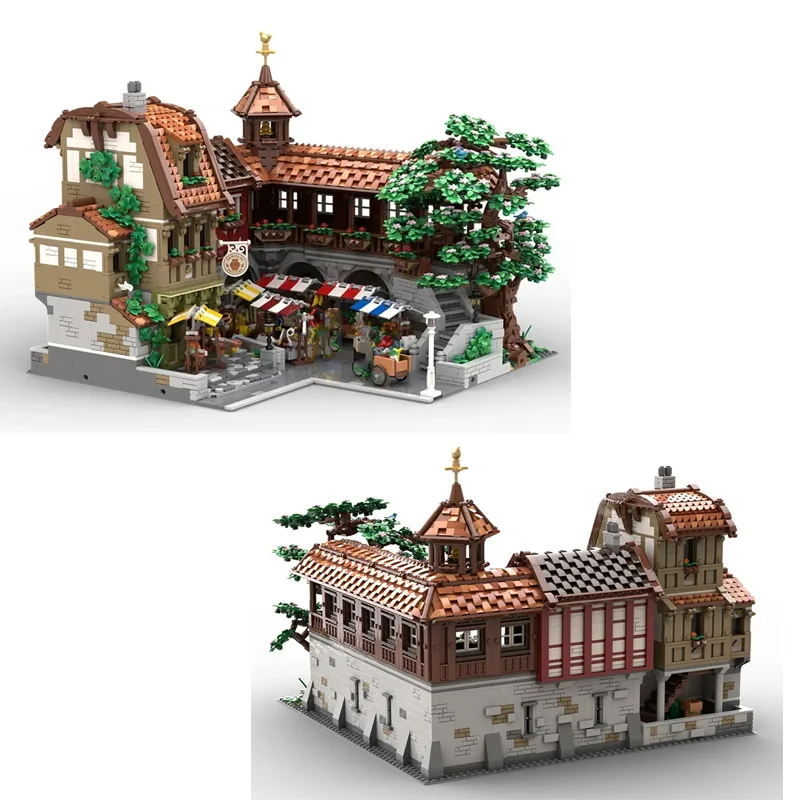

MOC medieval castle modular building town center farmers market model DIY assembly wooden toys children's holiday gift