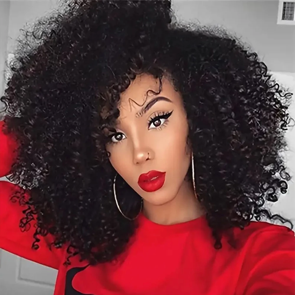 

12 Inch Synthetic Afro Black Curly Wigs for Women Wave African American Wig with Side Bang Natural Hairstyles Full Hair Replacem