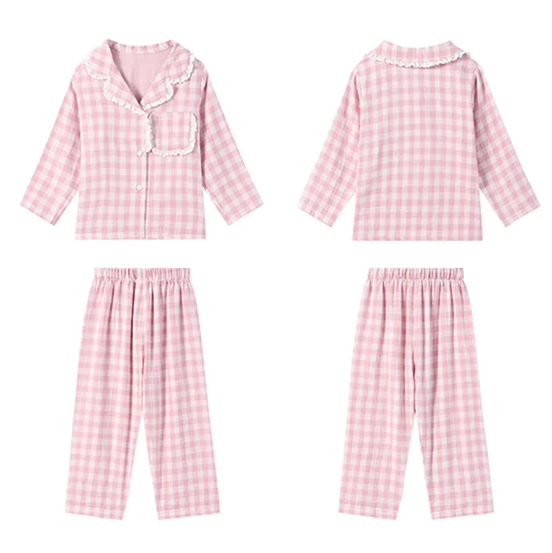 Girl\'s Turndown Collar Pink Plaid Pajama Sets Cute Kid Vintage Toddler Kid‘s Pyjamas Set Sleep Loungewear Children’s Clothing