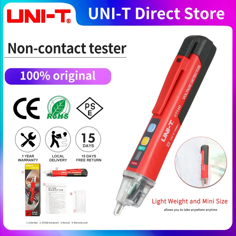 Uni-t-ac Detector de Tensão Testador de Tensão sem Contato Contactless Tester Pen Elétrica Sensor de Energia Led Ut12d 12v1000v