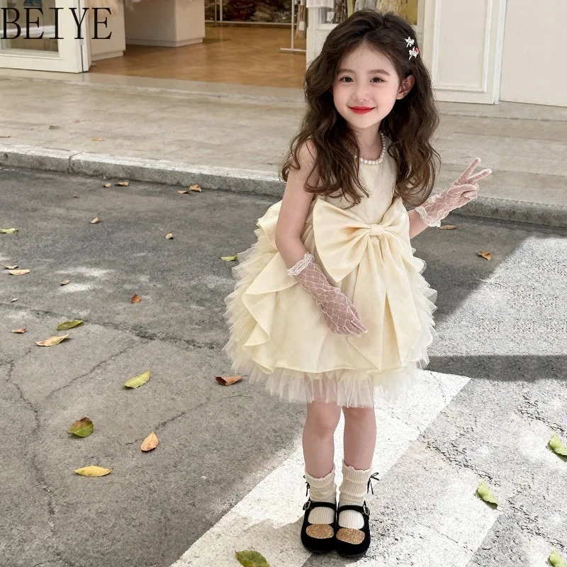 Sleeveless Mesh Splicing Fluffy Birthday Dress Girls' Summer Designer Sweet Princess Dress Children Bow Design Short Dress