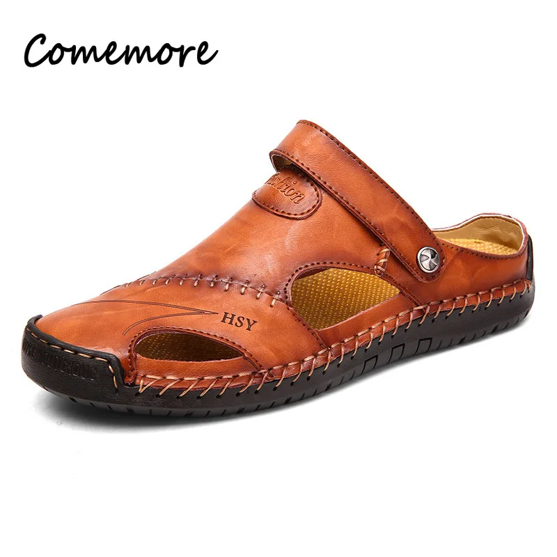 Comemore Men's Roma Sandals Leather Summer Beach Vacation Slipper Male No Slip Soft Comfort Outdoor Shoes Fashion Footwears