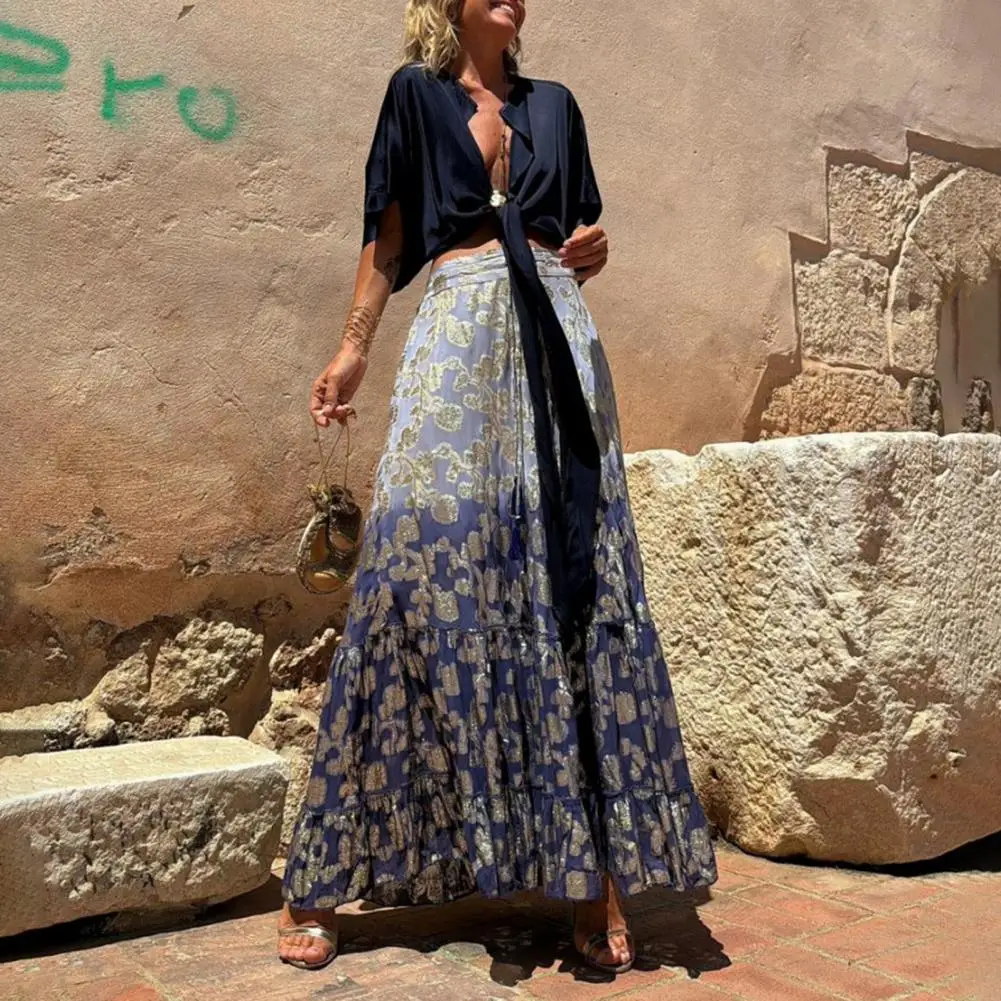 Women Maxi Skirt Elastic Waist Bright Leaf Print Long Skirt Ruffled Stitching Full Hem A-Line Casual Holiday Style Skirt