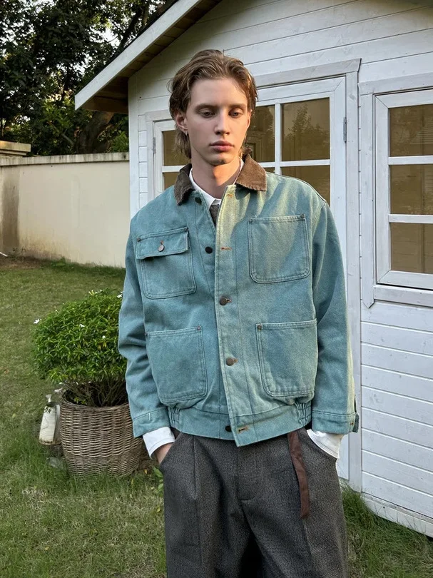 

Waed American Retro Salt-Fried ort Wide Boxy Fit Jaet Cleanfit Youth Casual Loose Sle Long Sve Button up Coat