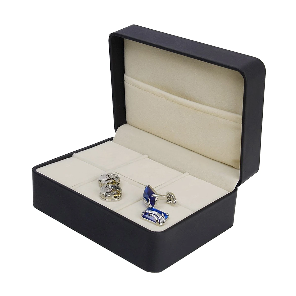 Caja de almacenamiento con Clip para corbata y gemelos, organizador negro de Pu de 6 compartimentos para gemelos, barras de corbata, Estuche De Viaje, herramienta de exhibición de joyería