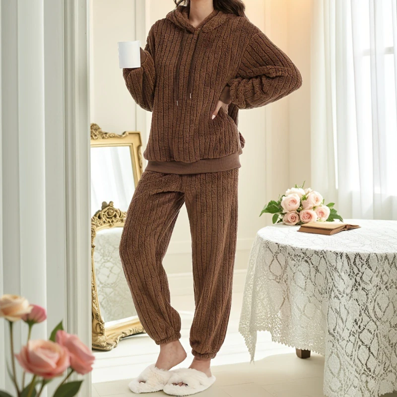 

Coral Fleece Solid Color Winter Thickened Thermal Hooded Drawstring Pajamas Loungewear
