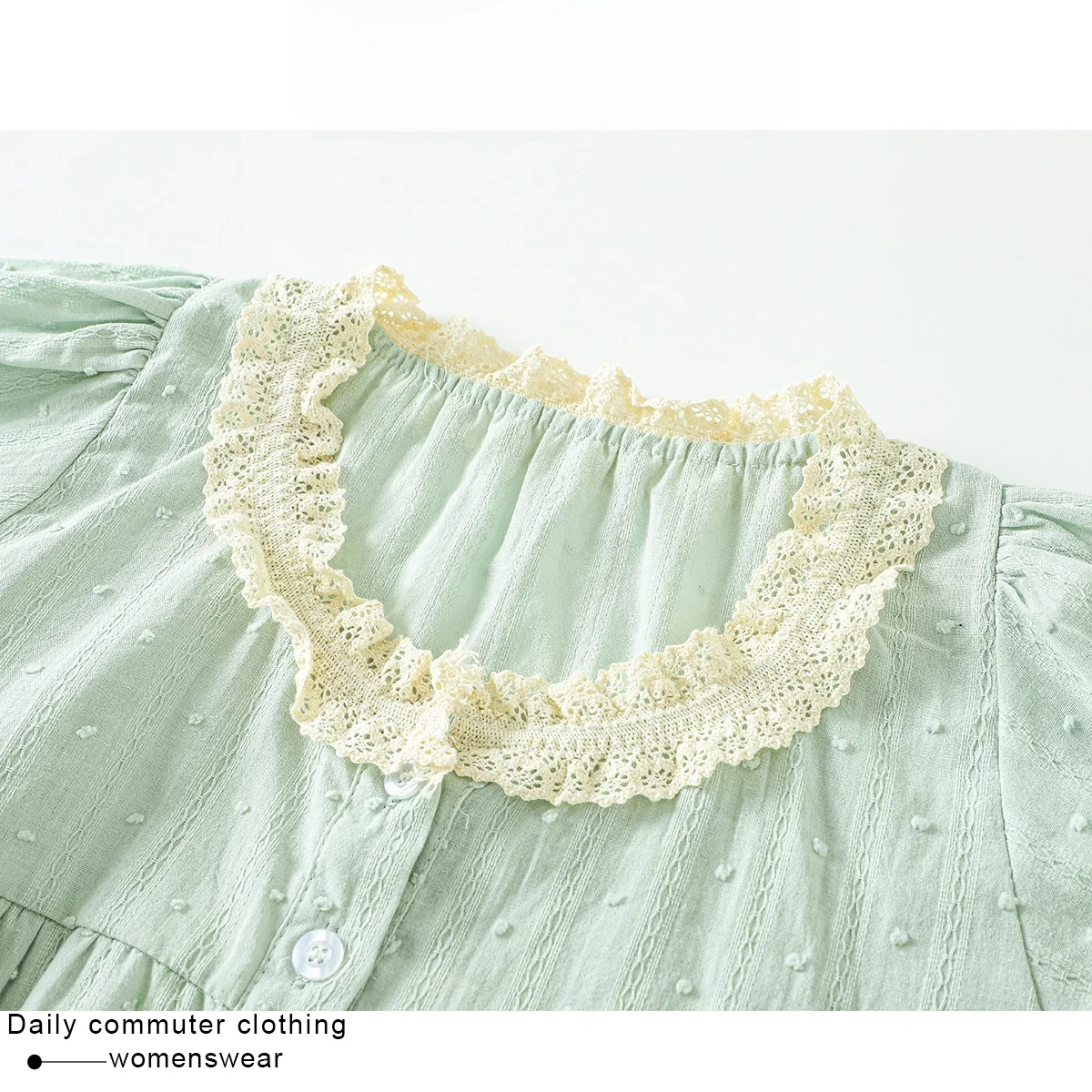 Coehkg Summer New Loose Bubble Sve Ruffle Lace Trim round Ne irt Women's Faion French Sle Button Detail irt
