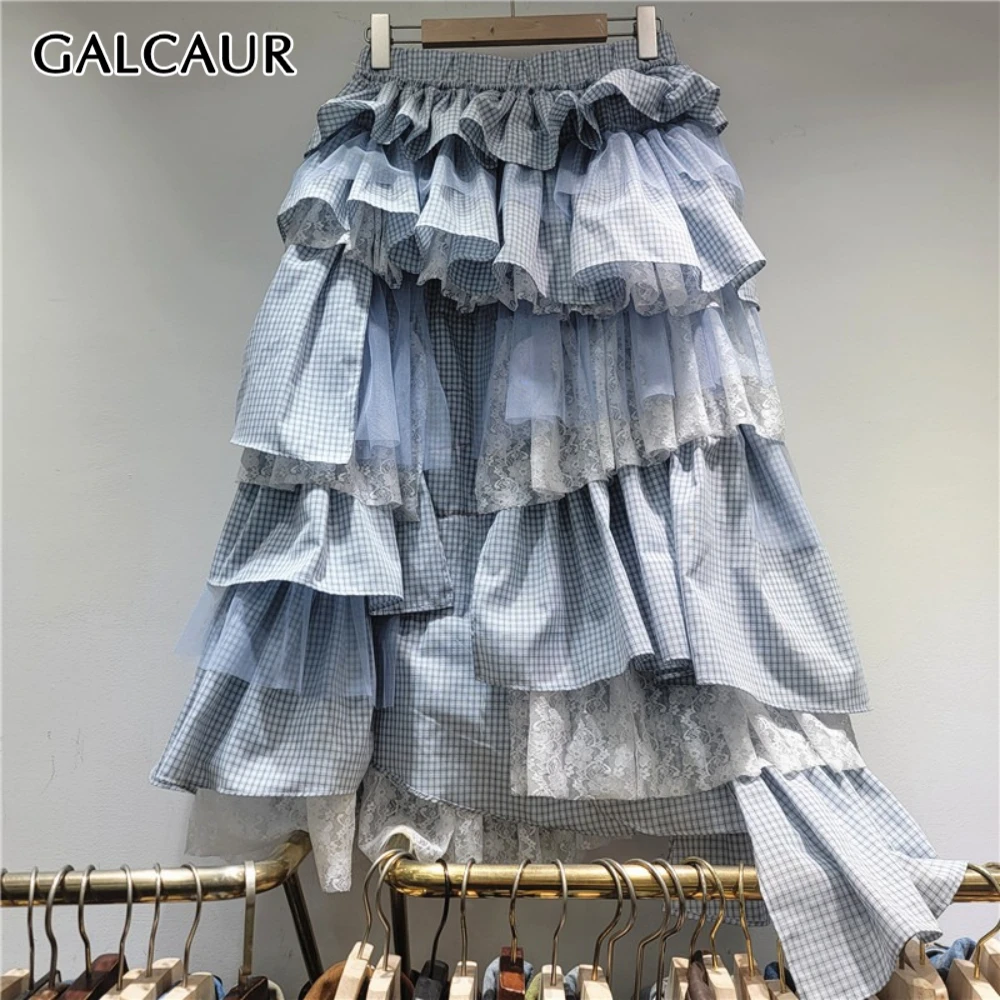 

GALCAUR синяя юбка нестандартной формы с оборками, женская юбка с высокой талией, свободные корейские милые женские длинные юбки, осенняя мода, новый стиль