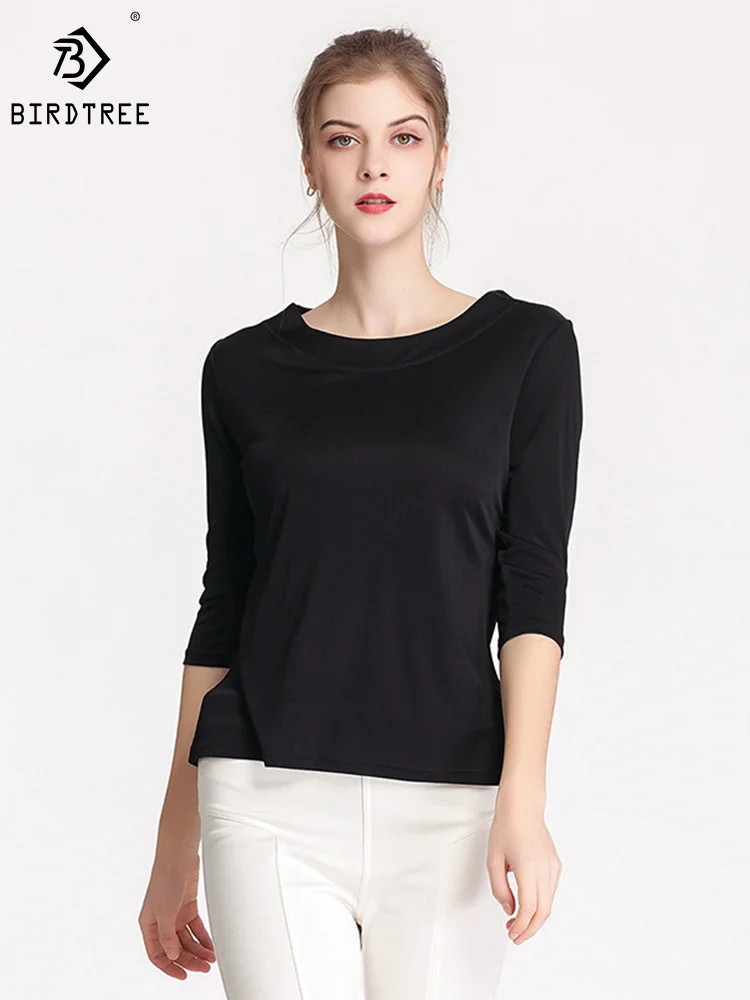 Birdtree Mulberry Silk Knitted Solid T-shirts Designed Slash Neck Loose Women's Casual Basics Tees Fall Winter New Tops T39355QM