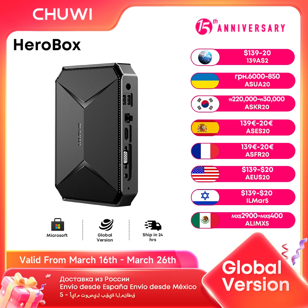 CHUWI Herobox Mini PC Intel N100 UHD Gráficos para 12a geração Windows 11 8GB RAM 256G SSD Wifi 6 Bluetooth 5.2 com porta VAG