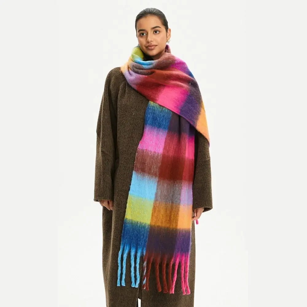 Simple Mohair Plaid Wool Scarf Long Plush Rainbow Tassel Shawl Imitation Cashmere Thick Winter Cashmere Scarves Women/Men