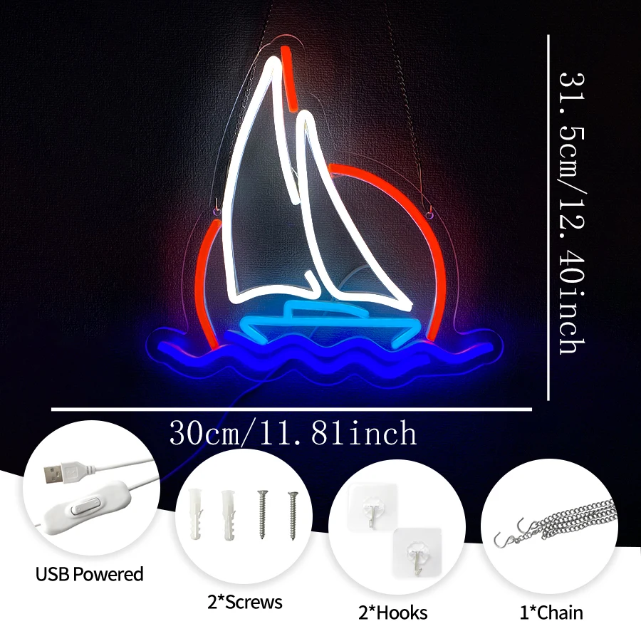 Sailboat Neon Sign For Wall Decor,Led Neon Light For Bedroom,Living Room,Beach Theme Party Decor,Gift For Friends,USB Powered