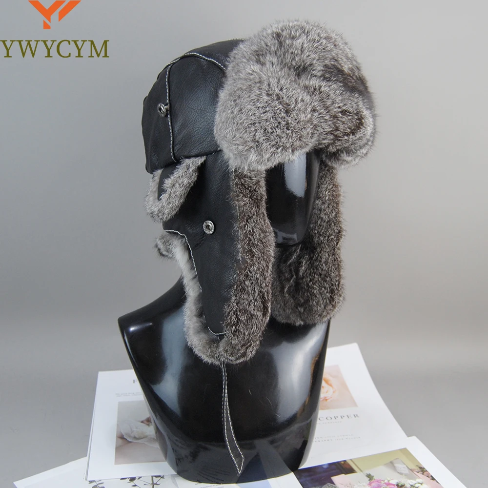 

Russia Winter Hat Men 100% Natural Rabbit Fur Bomber Hats Outdoor Windproof Super Warm Genuine Real Sheepskin Leather Rabbit Cap