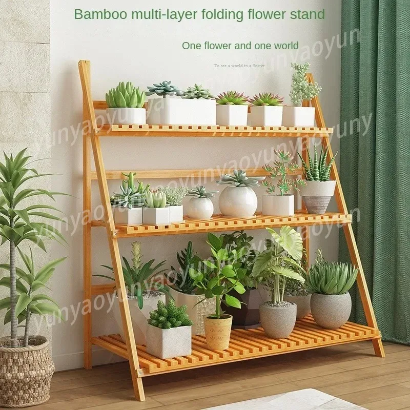 Folding Floor To Ceiling Flower Rack Solid Wood Balcony Living Room Succulent Flower Pot Rack Indoor Multi-layer Shelf